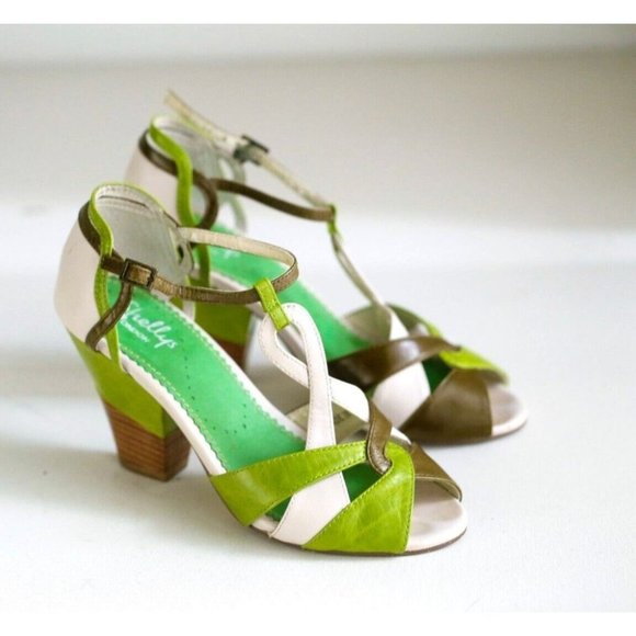 Shellys London Cute Retro Style Strappy Green White Block Heels 38 - Picture 1 of 9